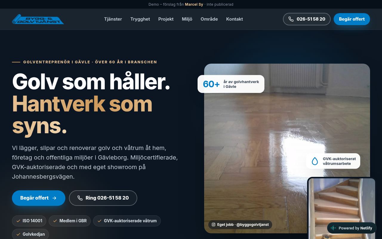 Konceptförslag: hemsida för Bygg- & Golvtjänst i Gävle